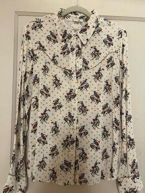 Cotton On White Western Polo-Print Button-Down Shirt with Yellow Polka Dots